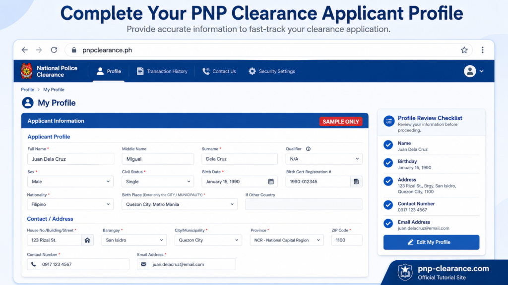 complete applicant profile for PNP Clearance online application