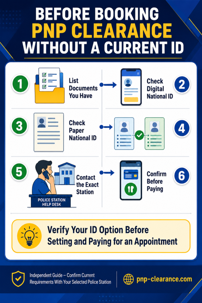 steps before booking PNP Clearance when no valid ID is available